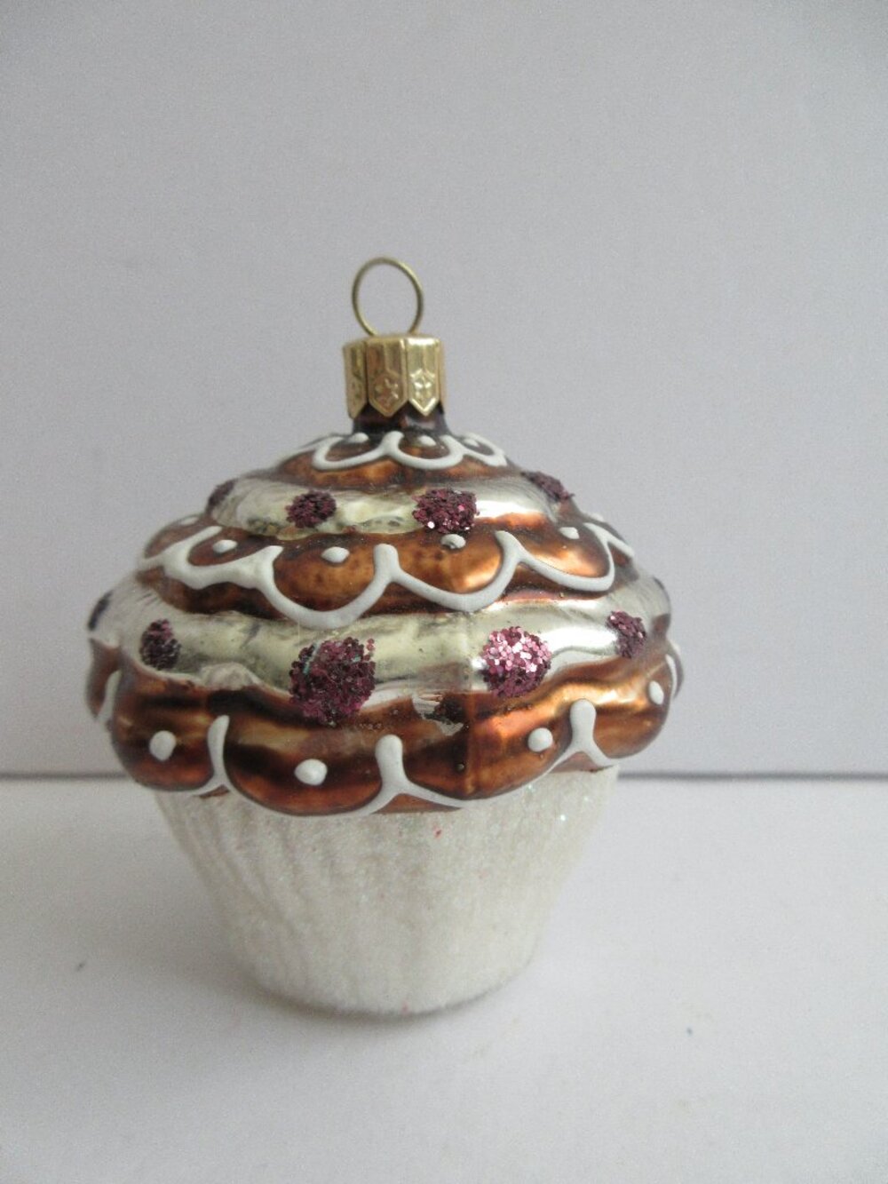 Cupcake Blown Glass Christmas Ornament  "Chocolate" Frosting w/ Pink Glitter